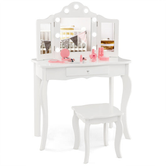 Kid Vanity Table Stool Set with Tri-Folding Mirror and 3-Color LED Lights-Pink LuxuryLifeWay Online Store