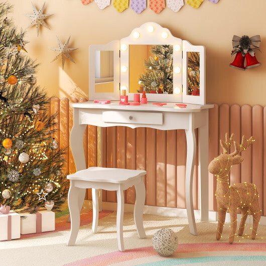 Kid Vanity Table Stool Set with Tri-Folding Mirror and 3-Color LED Lights-Pink LuxuryLifeWay Online Store