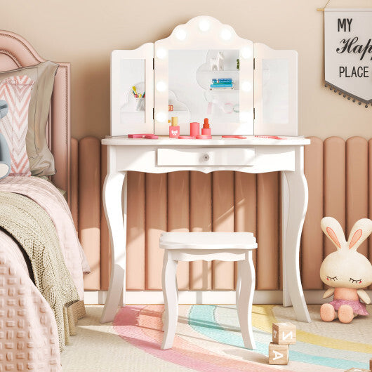 Kid Vanity Table Stool Set with Tri-Folding Mirror and 3-Color LED Lights-Pink LuxuryLifeWay Online Store