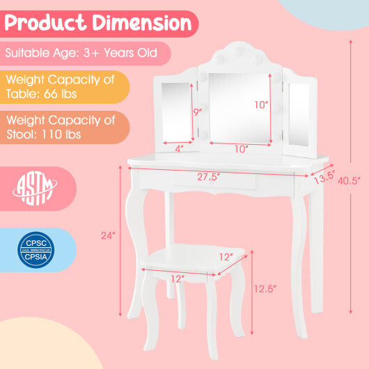 Kid Vanity Table Stool Set with Tri-Folding Mirror and 3-Color LED Lights-Pink LuxuryLifeWay Online Store