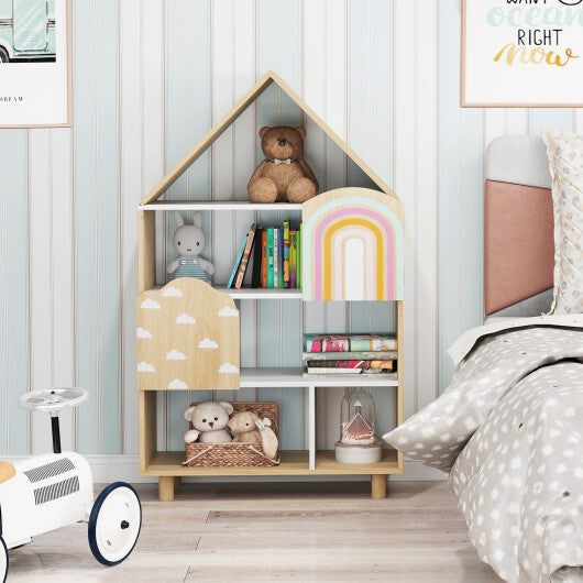Kids Dollhouse Bookshelf House-shaped Bookcase Children Toy Storage Organizer-Natural LuxuryLifeWay Online Store