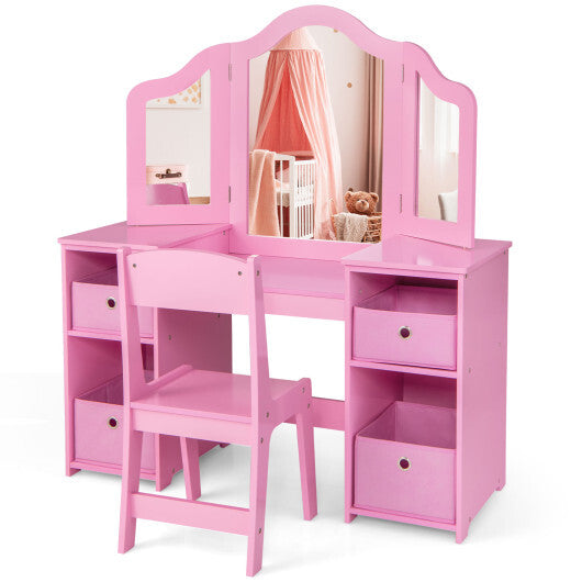 Kids Vanity Table and Chair Set with Removable Mirrors and 4 Storage Bins-Pink LuxuryLifeWay Online Store