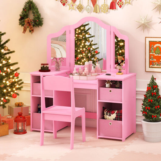 Kids Vanity Table and Chair Set with Removable Mirrors and 4 Storage Bins-Pink LuxuryLifeWay Online Store
