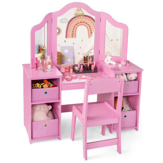 Kids Vanity Table and Chair Set with Removable Mirrors and 4 Storage Bins-Pink LuxuryLifeWay Online Store
