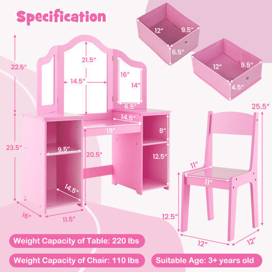 Kids Vanity Table and Chair Set with Removable Mirrors and 4 Storage Bins-Pink LuxuryLifeWay Online Store