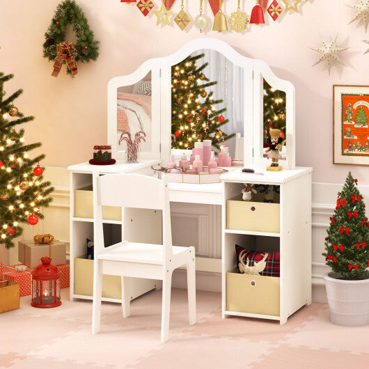 Kids Vanity Table and Chair Set with Removable Mirrors and 4 Storage Bins-Pink LuxuryLifeWay Online Store