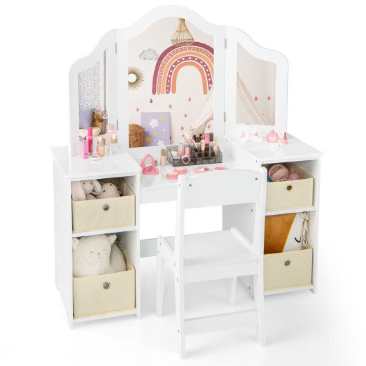 Kids Vanity Table and Chair Set with Removable Mirrors and 4 Storage Bins-Pink LuxuryLifeWay Online Store