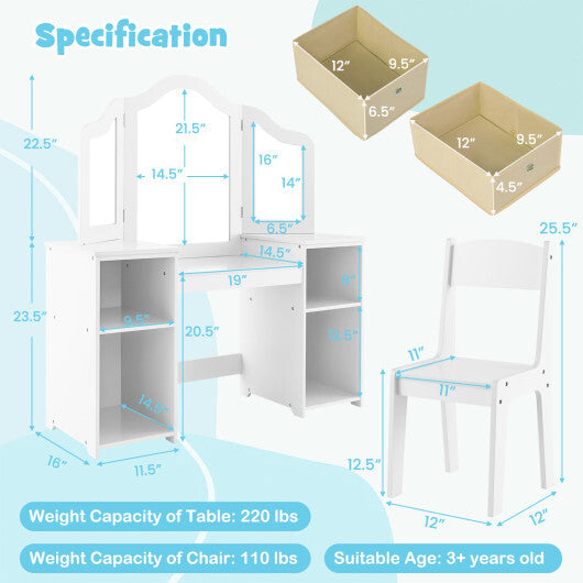Kids Vanity Table and Chair Set with Removable Mirrors and 4 Storage Bins-Pink LuxuryLifeWay Online Store
