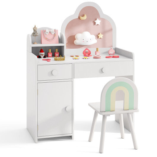 Kids Vanity Table and Chair Set with Cloud-shaped Mirror and Open Shelf-White LuxuryLifeWay Online Store