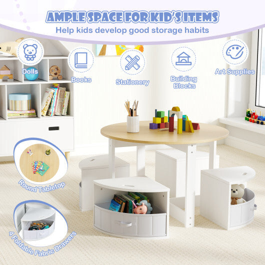 5 Piece Toddler Round Nesting Table with 4 Storage Stools for Activity-Natural
