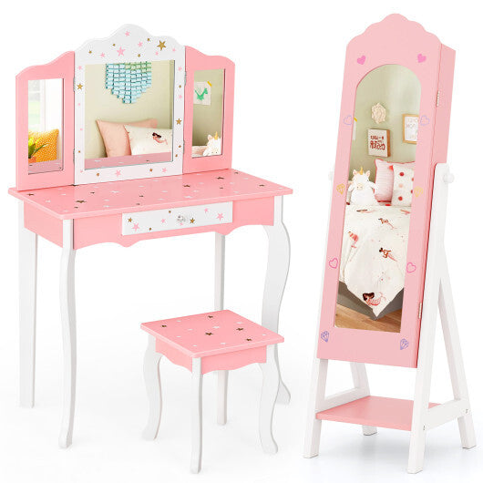 2 Pieces Kids Vanity Set and Jewelry Armoire Cabinet with Full-length Mirror-Pink LuxuryLifeWay Online Store