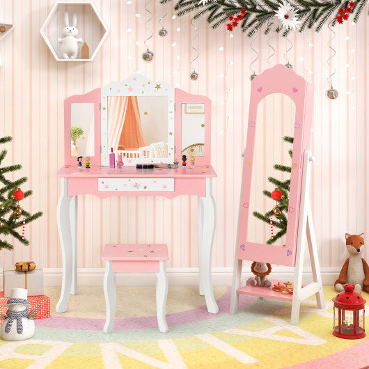 2 Pieces Kids Vanity Set and Jewelry Armoire Cabinet with Full-length Mirror-Pink LuxuryLifeWay Online Store