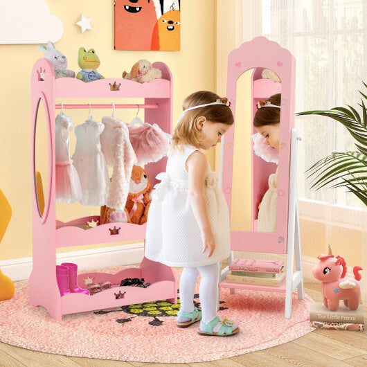 2 Pieces Kids Vanity Set and Jewelry Armoire Cabinet with Full-length Mirror-Pink LuxuryLifeWay Online Store