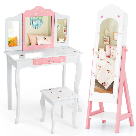 2 Pieces Kids Vanity Set and Jewelry Armoire Cabinet with Full-length Mirror-Pink LuxuryLifeWay Online Store