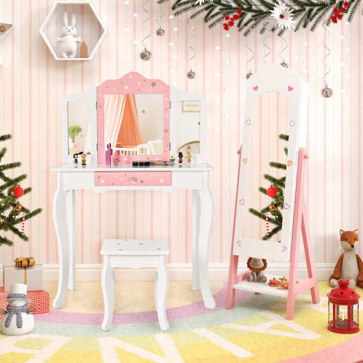 2 Pieces Kids Vanity Set and Jewelry Armoire Cabinet with Full-length Mirror-Pink LuxuryLifeWay Online Store