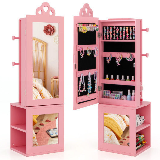 3-in-1 Freestanding Kids Jewelry Cabinet Armoire with Full Length Mirror-Pink LuxuryLifeWay Online Store