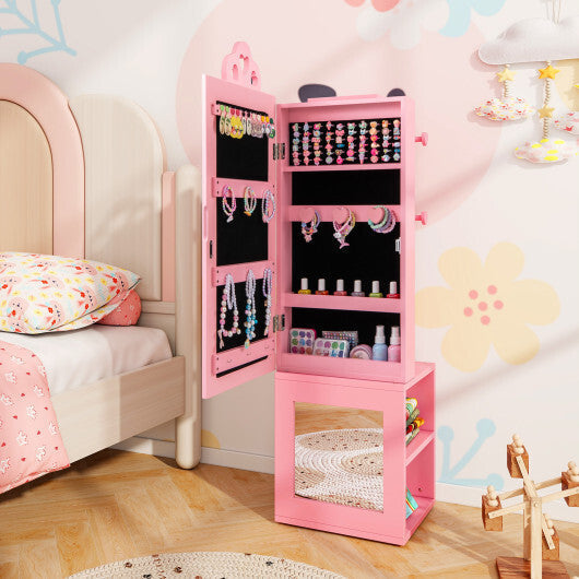 3-in-1 Freestanding Kids Jewelry Cabinet Armoire with Full Length Mirror-Pink LuxuryLifeWay Online Store