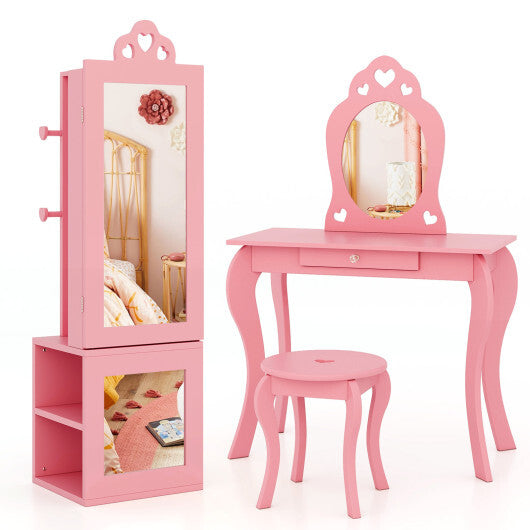 3-in-1 Freestanding Kids Jewelry Cabinet Armoire with Full Length Mirror-Pink LuxuryLifeWay Online Store