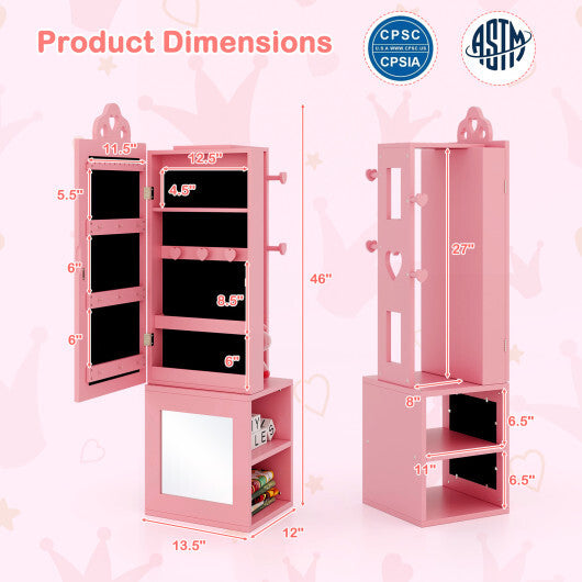 3-in-1 Freestanding Kids Jewelry Cabinet Armoire with Full Length Mirror-Pink LuxuryLifeWay Online Store