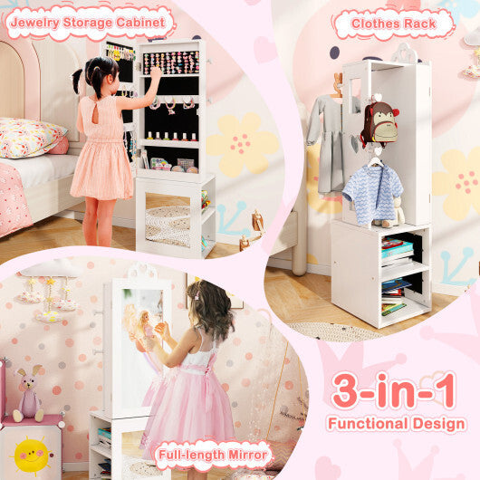 3-in-1 Freestanding Kids Jewelry Cabinet Armoire with Full Length Mirror-Pink LuxuryLifeWay Online Store