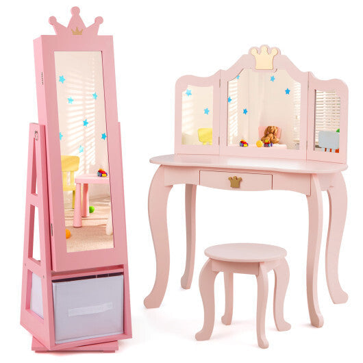 Kids Jewelry Armoire Cabinet with Large Storage Capacity and Swivel Base-Pink