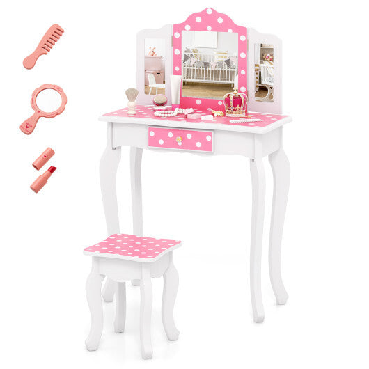 Princess Pretend Play Makeup Dressing Table with Cute Polka Dot Print-Pink LuxuryLifeWay Online Store