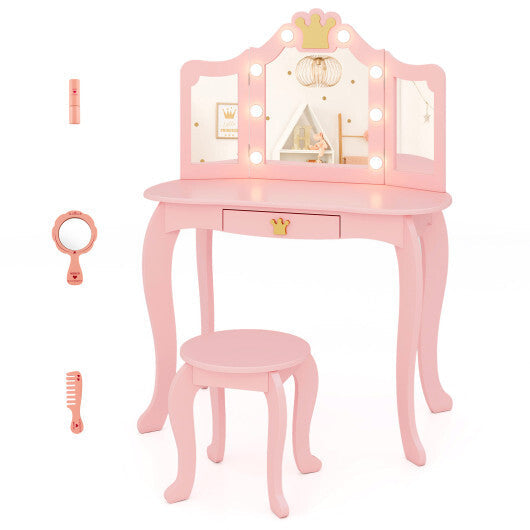 Kids Vanity Set with Tri-fold Lighted Mirror Detachable Top and Stool-Pink LuxuryLifeWay Online Store