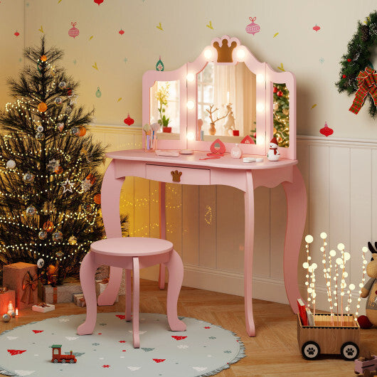 Kids Vanity Set with Tri-fold Lighted Mirror Detachable Top and Stool-Pink LuxuryLifeWay Online Store