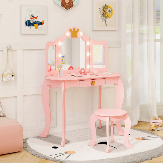 Kids Vanity Set with Tri-fold Lighted Mirror Detachable Top and Stool-Pink LuxuryLifeWay Online Store