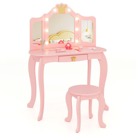 Kids Vanity Set with Tri-fold Lighted Mirror Detachable Top and Stool-Pink LuxuryLifeWay Online Store