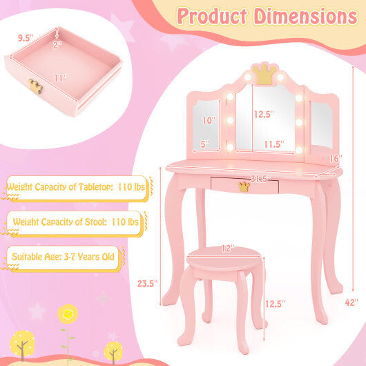 Kids Vanity Set with Tri-fold Lighted Mirror Detachable Top and Stool-Pink LuxuryLifeWay Online Store
