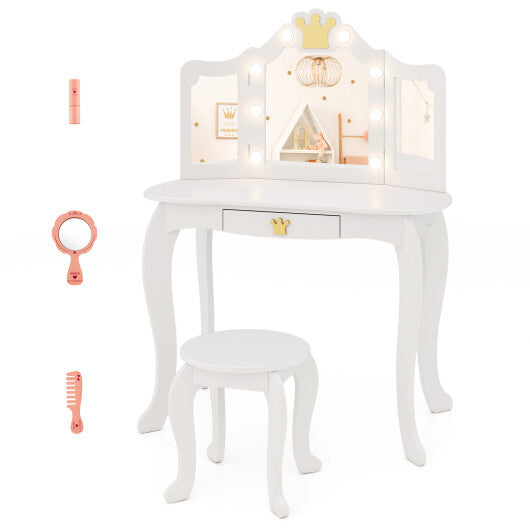 Kids Vanity Set with Tri-fold Lighted Mirror Detachable Top and Stool-Pink LuxuryLifeWay Online Store