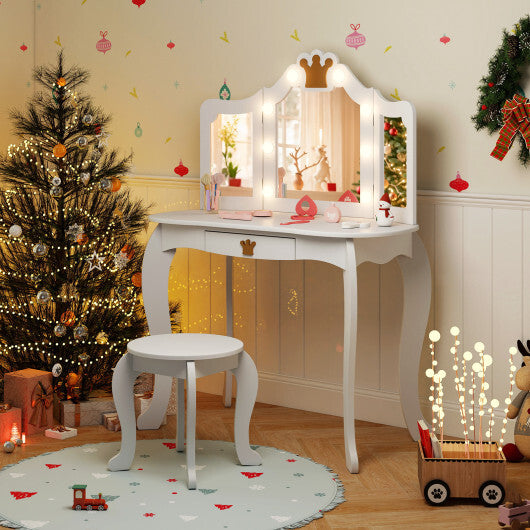 Kids Vanity Set with Tri-fold Lighted Mirror Detachable Top and Stool-Pink LuxuryLifeWay Online Store
