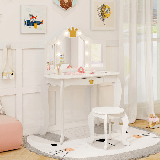 Kids Vanity Set with Tri-fold Lighted Mirror Detachable Top and Stool-Pink LuxuryLifeWay Online Store