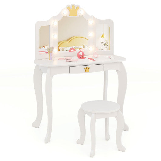 Kids Vanity Set with Tri-fold Lighted Mirror Detachable Top and Stool-Pink LuxuryLifeWay Online Store