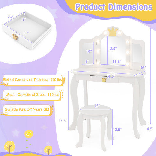 Kids Vanity Set with Tri-fold Lighted Mirror Detachable Top and Stool-Pink LuxuryLifeWay Online Store