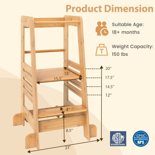 Bamboo Kids Kitchen Step Stool with Adjustable Height and Safety Rails-Natural LuxuryLifeWay Online Store