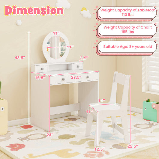 Kids Vanity Set with Mirror Princess Makeup Dressing Desk and Chair Set with Mirror-White LuxuryLifeWay Online Store