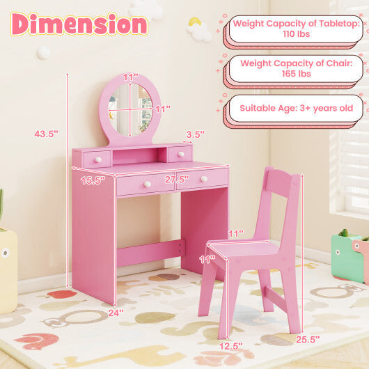 Kids Vanity Set with Mirror Princess Makeup Dressing Desk and Chair Set with Mirror-White LuxuryLifeWay Online Store