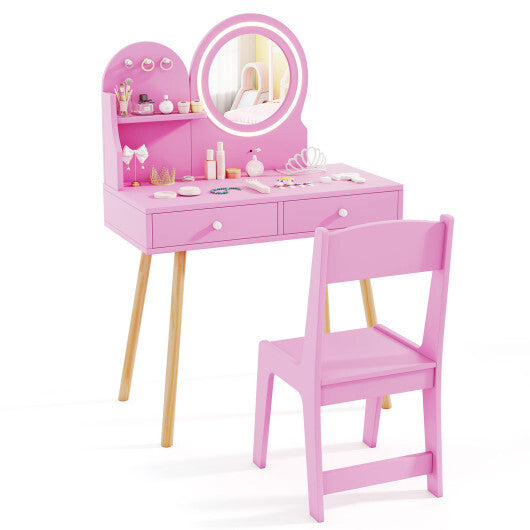 Kids Princess Makeup Dressing Desk and Chair Set with Mirror and Lights-Pink LuxuryLifeWay Online Store