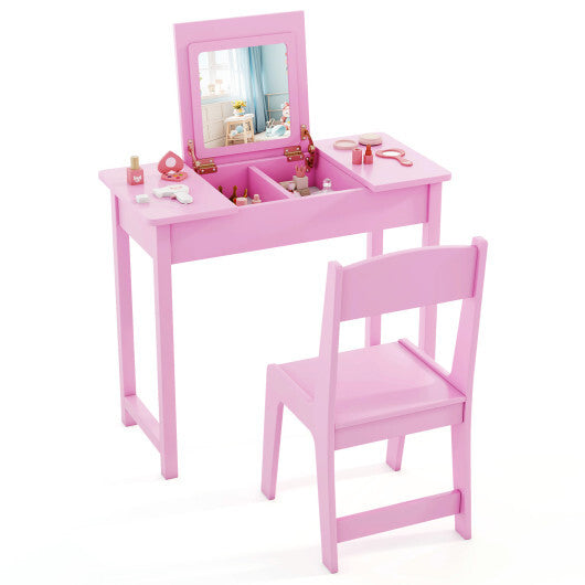 2-in-1 Kids Vanity Makeup Table and Chair Set with Flip Top Mirror-Pink LuxuryLifeWay Online Store
