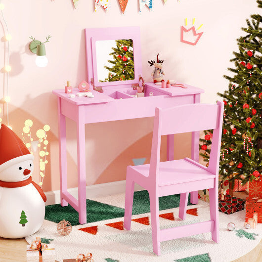 2-in-1 Kids Vanity Makeup Table and Chair Set with Flip Top Mirror-Pink LuxuryLifeWay Online Store