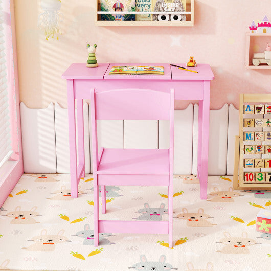 2-in-1 Kids Vanity Makeup Table and Chair Set with Flip Top Mirror-Pink LuxuryLifeWay Online Store