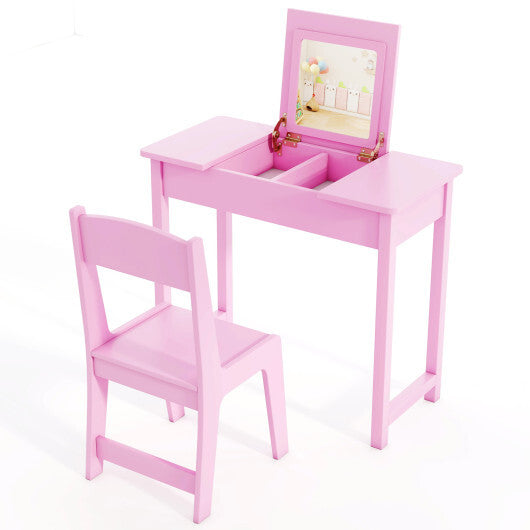 2-in-1 Kids Vanity Makeup Table and Chair Set with Flip Top Mirror-Pink LuxuryLifeWay Online Store