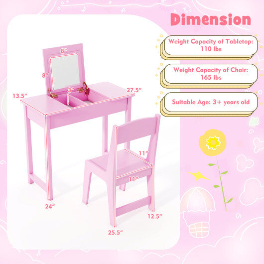 2-in-1 Kids Vanity Makeup Table and Chair Set with Flip Top Mirror-Pink LuxuryLifeWay Online Store