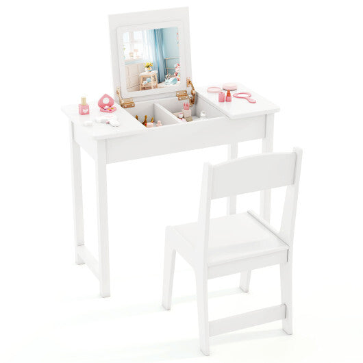 2-in-1 Kids Vanity Makeup Table and Chair Set with Flip Top Mirror-Pink LuxuryLifeWay Online Store