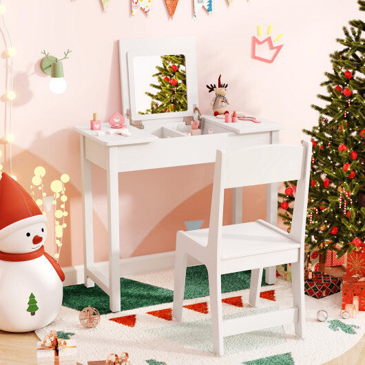 2-in-1 Kids Vanity Makeup Table and Chair Set with Flip Top Mirror-Pink LuxuryLifeWay Online Store