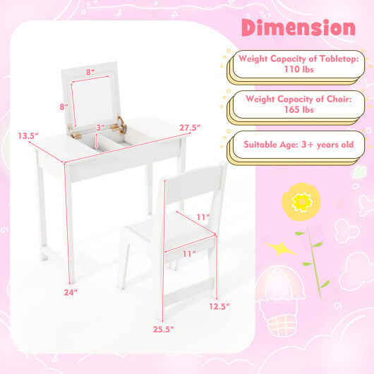 2-in-1 Kids Vanity Makeup Table and Chair Set with Flip Top Mirror-Pink LuxuryLifeWay Online Store