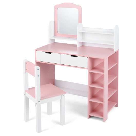 Kids Vanity Set with Chair and Mirror Makeup Dressing Desk with Storage Shelves and Drawers-White & Pink LuxuryLifeWay Online Store