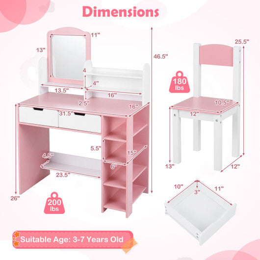 Kids Vanity Set with Chair and Mirror Makeup Dressing Desk with Storage Shelves and Drawers-White & Pink LuxuryLifeWay Online Store
